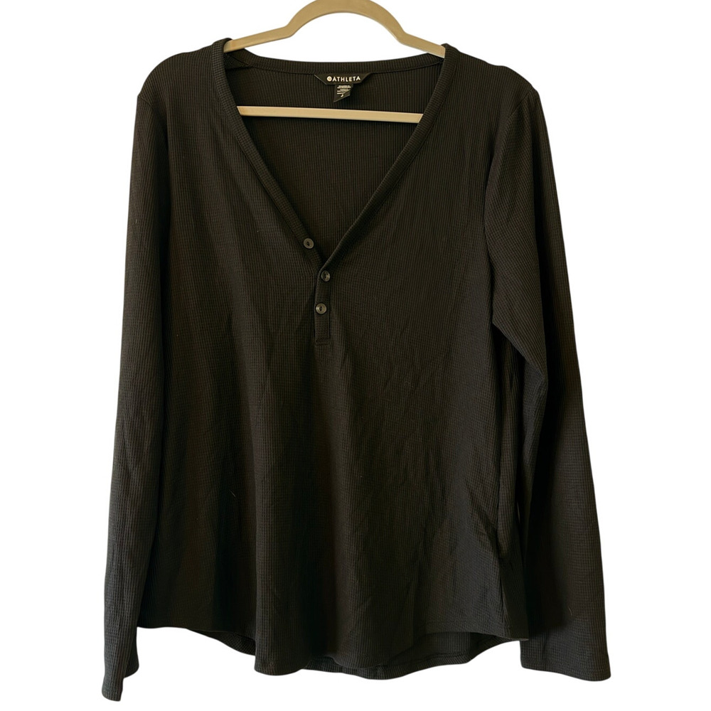 Athleta Lounge Top Size Large Black Waffle Knit Henley Soft Cozy Travel Layering
